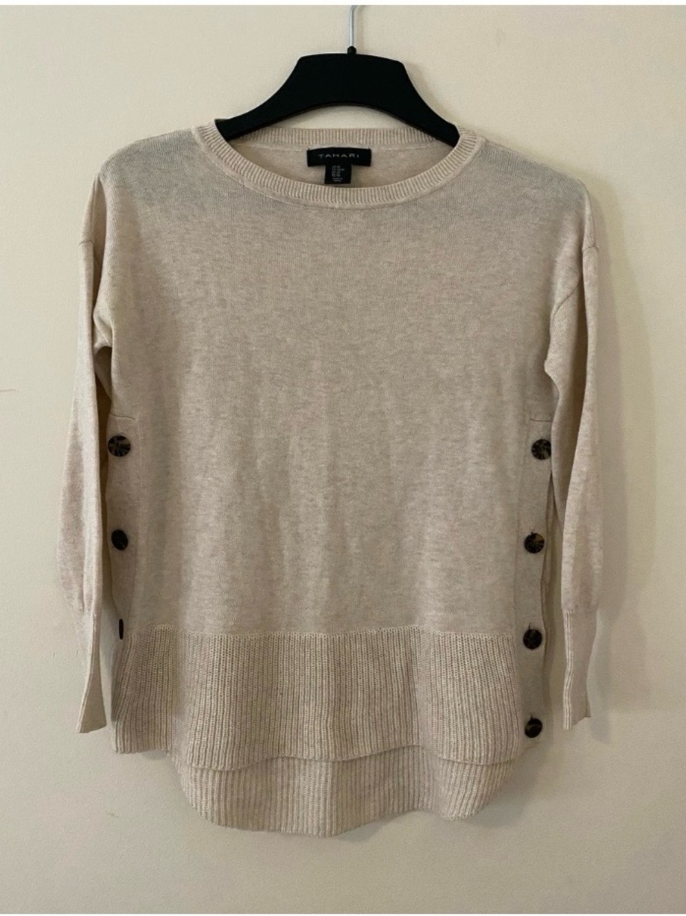 Tahari Beige Crewneck oversized Sweater with Side Button Detail